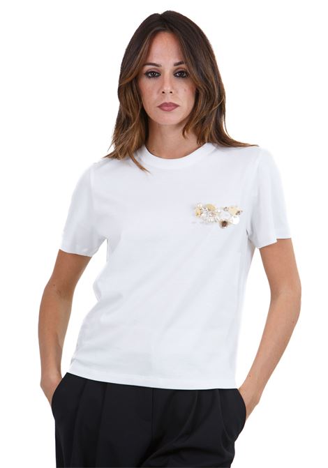 T-shirt girocollo con perle e strass